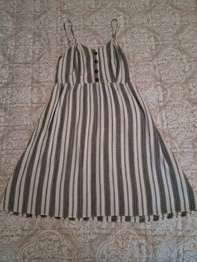 Striped Spaghetti Strap Sundress in Grey/Green & White